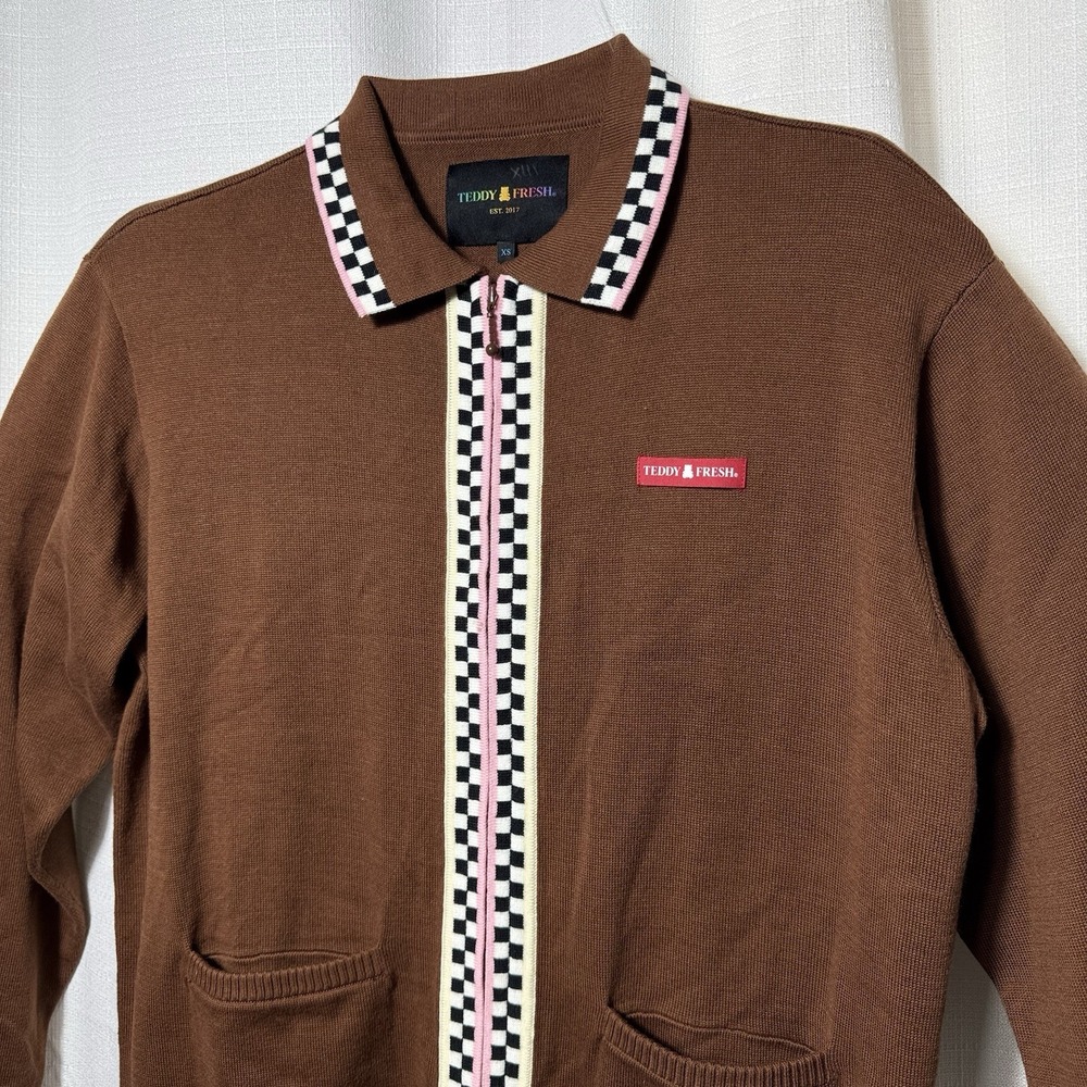 Teddy Fresh Size XS Brown Checkerboard Full Zip Knit Cardigan Women's Retro